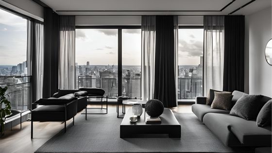 city sleek apartment with long curtains, home automation, electric curtain tracks