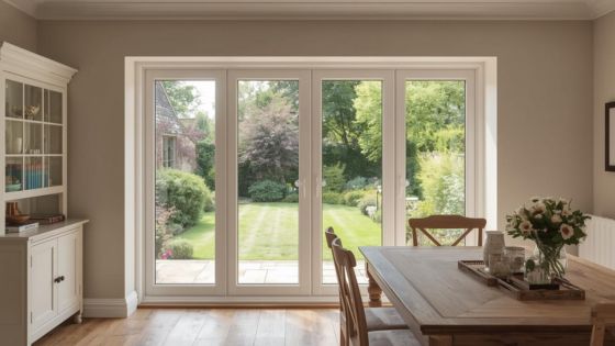 A lovely, light, and bright kitchen dining area with expansive bi-fold doors opening onto a vibrant English garden. The bi-fold doors are subtly recessed within a slight alcove, featuring no curtains or blinds. A charming bookcase to the left