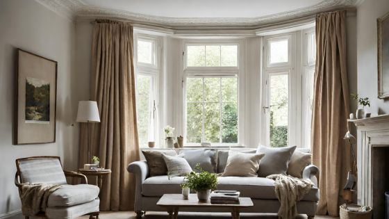 lovely simple living room setting with beautiful bay window, curtains hanging but come around the reverse bend of the curtain pole